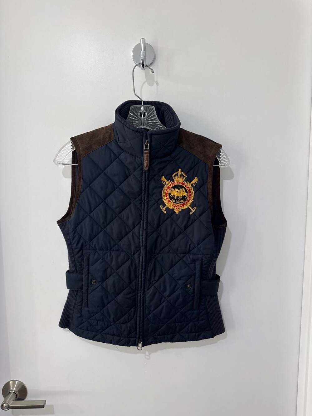 Ralph Lauren Sport Quilted Vest with Equestrian Crest Patch and Suede Shoulders